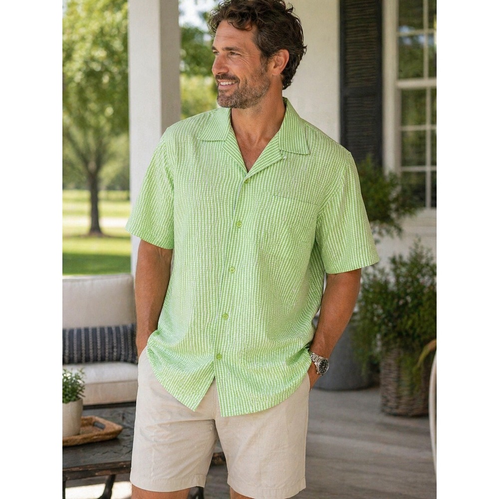 Bugatchi Uomo Mens XL Lime Green Gingham Short Sleeve Button Down Camp Shirt